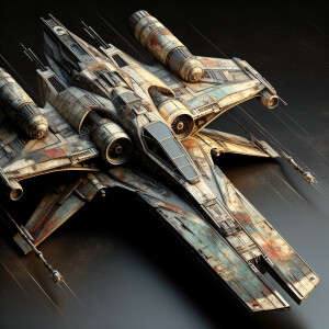 A weathered, opulent starfighter gleams in faded glory, its slee...