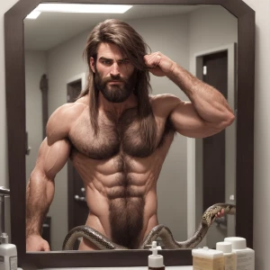 Describe a fullynake toned hairy well groomed man exudig confide...