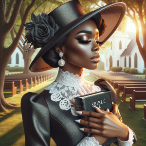 Render an airbrush oil painting of an African American woman with flawless makeup in a
contemplative pose, holding a Bible close to her heart, dressed in an elegant Sunday Best
outfit with a distinctive Church Hat. The background features a peaceful church garden,
with light filtering through the trees, highlighting her spiritual connection and the personal
moment of reflection. The artwork should capture the tranquility of the scene, the beauty
of her attire, and the depth of her contemplation, reflecting a serene and spiritually