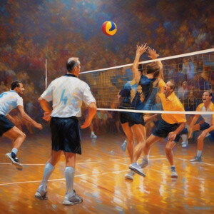 A court with people who play volleyball with a referee and audie...