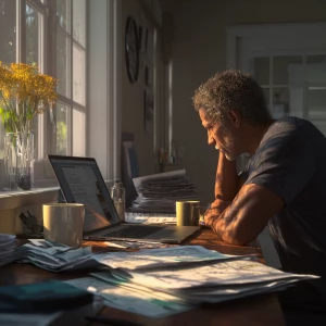 Create a realistic 3D image of a man seated at a desk, concentra...