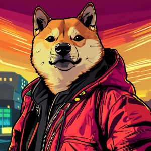 MEME DOGE in GTA art style,  苦笑, in the style of a Grand Theft...