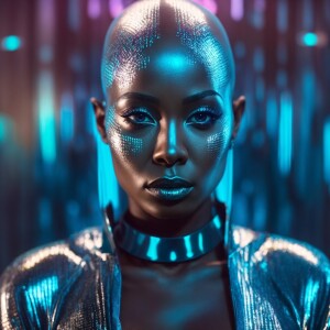 Generate a computer AI cyborg holographic image of a futuristic...