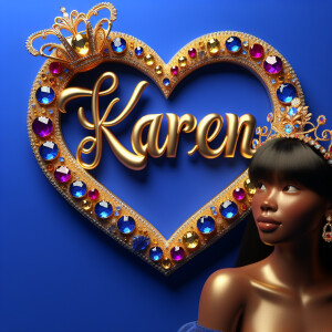 Craft a 3-D image showcasing the name 'KAREN' in a luxurious gol...