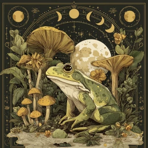 Whimsical illustrated frog, mushrooms, moon phases, mystical for...