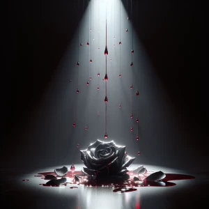 black rose, strewn across stage , under a spotlight, with blood...