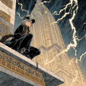 A manga Art Deco fusion of an anime detective on a gilded gargoy...