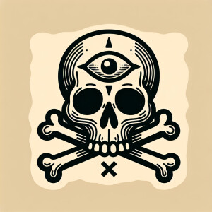 Skull with third eyeball and crossbones behind the skull in an o...