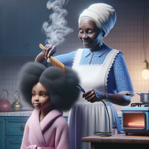 Create a realistic 3-D image of an african-American grandmother wearing a blue house dress and a white apron . She is in the kitchen with her african-American granddaughter. Her granddaughter is wearing a pink bath robe. The grandmother has a hot comb in her hand and she is straightening her granddaughters hair. One side of her granddaughters hair is in  a Afro the other straight 
There is smoke coming from the hot comb
The granddaughter is making a face