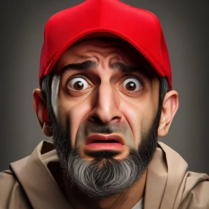 Man wearing a red baseball cap. Has a perplexed as well as horri...