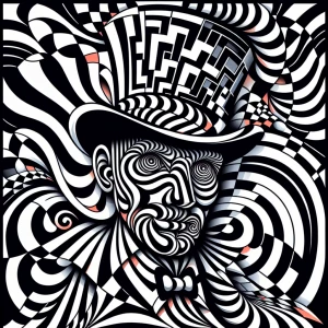 Mad Hatter in Wonderland, featuring geometric patterns and mind-...