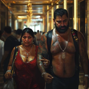 Photorealism,fantasy.A sweaty beefy man walking with his 54 year...