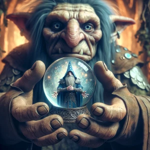 A troll facing forward holds a crystal ball in his cupped hands...