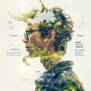 “Create a double exposure profile shot for Taurus featuring a ca...