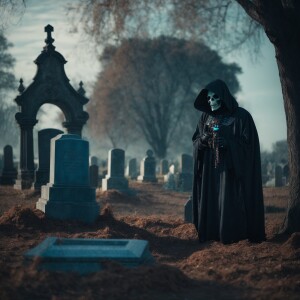 Alien reaper collects souls from a cemetery. Throws skulls at ca...