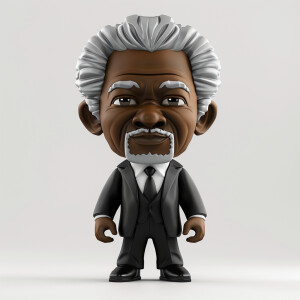 Create a chibi 3D model vinyl toy of Morgan Freeman in black, br...