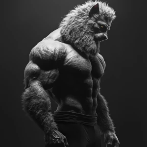 A muscular lycanthrope with dense fur, posed to display a full-b...