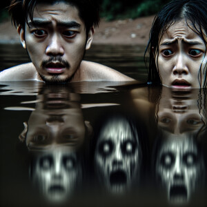 A guy and a girl swim in fright in the lake. Terrible pale faces...
