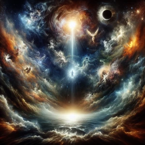 Visualize a cinematic scene depicting the initial act of creatio...