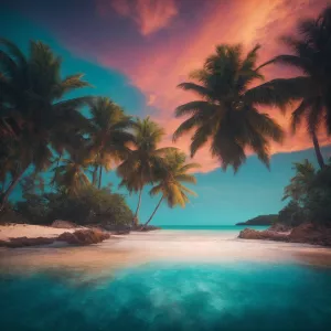 "Create a photorealistic 8K image of a tropical beach at sunset,...