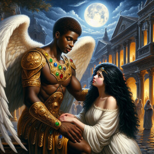 Create an oil painting image featuring a male angel and a grievi...