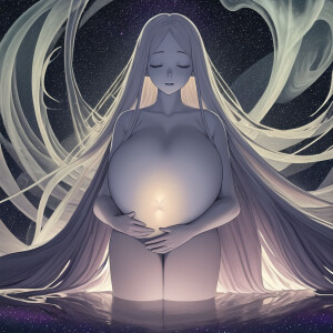 "Craft a fantastical image where a hyperpregnant woman rests tra...