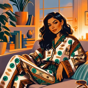 Illustrate an elegant woman reclining leisurely in a snug enviro...