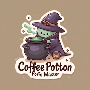 A wizard in a cloak brewing coffee in a magical cauldron, sparks...