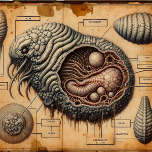 Anatomy diagram on aged canvas, illustrated with lead medium, a...