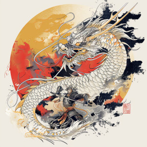 Outlined image of gold eyed Chinese dragon with the main color o...