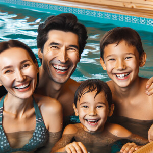 family with dad, mom and two children having fun in the pool and...