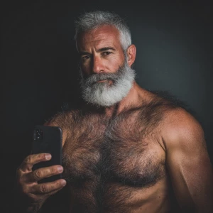 The image shows a middle-aged man with a muscular, hairy physiqu...