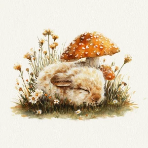 Sleeping fluffy rabbit under spotted mushroom, small wildflowers...
