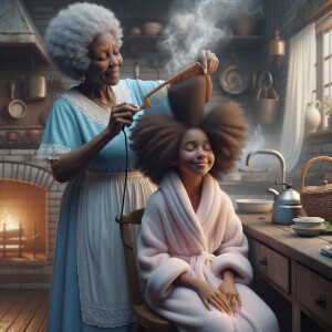 Create a realistic 3-D image of an african-American grandmother wearing a blue house dress and a white apron . She is in the kitchen with her african-American granddaughter. Her granddaughter is wearing a pink bath robe. The grandmother has a hot comb in her hand and she is straightening her granddaughters hair. One side of her granddaughters hair is in  a Afro the other straight 
There is smoke coming from the hot comb
The granddaughter is making a face