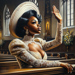 Render an airbrush oil painting of an African American woman with flawless makeup
kneeling at a church altar, her hands raised in a gesture of surrender to God. She's
dressed in stylish Sunday Best attire, with a particular focus on the delicate details of
her Church Hat. The background features a beautifully painted church interior, with the
oil paint texture enhancing the sacred atmosphere. The artwork should capture the
woman's devout expression, the elegance of her attire, and the spiritual ambiance of
the church setting, reflecting a moment of deep faith and devotion.