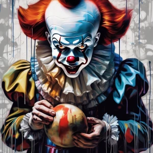 Sinister clown that strongly resembles pennywise is holding a li...