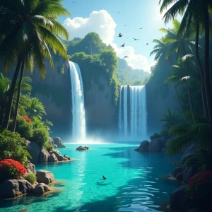 A futuristic and visually striking digital artwork with "Flux Dev" text. A hidden tropical paradise with turquoise waters, waterfalls cascading into a secluded lagoon, and vibrant exotic birds flying overhead.