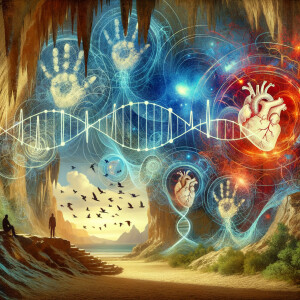 lie detector graphs, cardio, printout , branches infinity sign, cave, Art, handprints, distant birds flying, flowering vines, abstract gestural painting, dna cave drawings galaxies electrical cardiogram