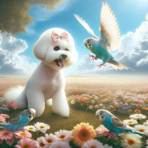 A bichon Frise with pink bows with a short hair cut playing with...