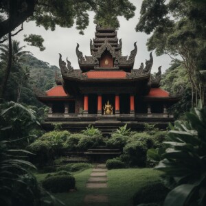 Theravada Buddhist temple located in bali surrounded by lush gre...
