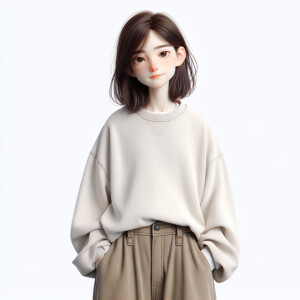 3D animated female character short slim frail, long dark brown h...