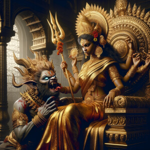 portrait of angry looking goddess durga sitting on a gold crown and carrying a weak mahishasur on her lap and stabbing him with her amazingly designed trident. She is wearing gold armor, a huge gold crown, gold saree, abundant  gold jewelry, covered in blood. The scene is set in ancient India. The image is 8K resolution, cinematic, ultra detailed face and epic.