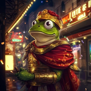 Pepe the Frog dressed as an ancient Roman emperor, wearing a gol...