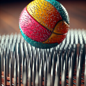 A rubber ball dropping onto a bed of nails