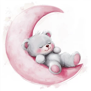 A cute, cartoon teddybear sits on a stylized, rosy-pink crescent moon. The teaddy bear is light gray with large, round, pink-spotted ears.  Its body is round and he has expressive eyes.  its facial expression is happy and friendly. The teddy bears leg and foot are visible, and its posture is relaxed, slumped  against the curve of the moon. it's stomach is lying down on the moon with left arm and leg showing hanging down. The moon is a soft, shaded pink, with watercolor-like texture and subtle shading. The background is white. The image is in a child-friendly style, showcasing delicate line work and color palettes. The composition is centered on the teddy bear which is positioned on the moon, giving the moon a hug with closed eyes. The overall style is sweet, whimsical, and reminiscent of children's book illustrations.  The colors are pastel and soothing, creating a gentle atmosphere.