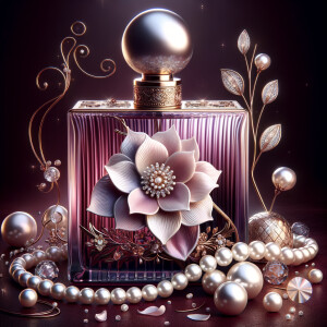 Imagine an exquisite perfume bottle as the centerpiece, rich in hue with a radiant purple gradient glass body. Embellished with a delicate floral motif, a single, elaborate flower painted in soft whites and subtle pinks rests upon the bottle. Curving gently around the flower is a string of lustrous pearls, adding a touch of elegance. The bottle's neck is adorned with a golden band, inset with intricate patterns and sparkling diamonds. Capping the bottle is a grand, spherical pearl that exudes sophistication. Around this central piece, we have a backdrop that enhances the bottle's luxury—a deep maroon surface upon which rests a scattering of pearls, a single, fallen petal, and an ornate golden twig with a pearl at its end. All elements combine to suggest opulence and style befitting the name 'Karen'.