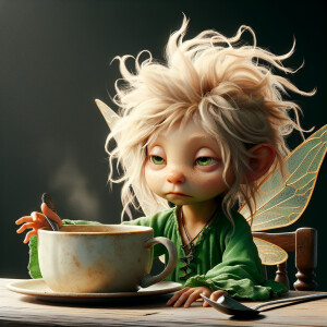 Create photo realistic image of Tinkerbell. She is sitting at th...