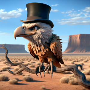 3d digital caricature of a whimsical bald  eagle, sitting on a s...
