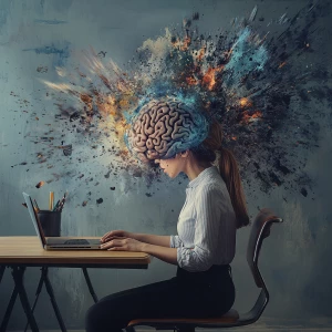 Create a photorealistic image of a woman sitting at a desk, with...