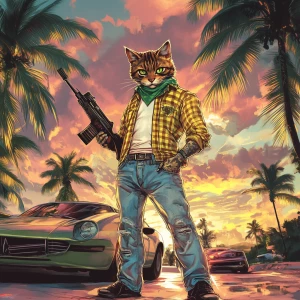 A humanoid cat character standing confidently in a tropical sett...